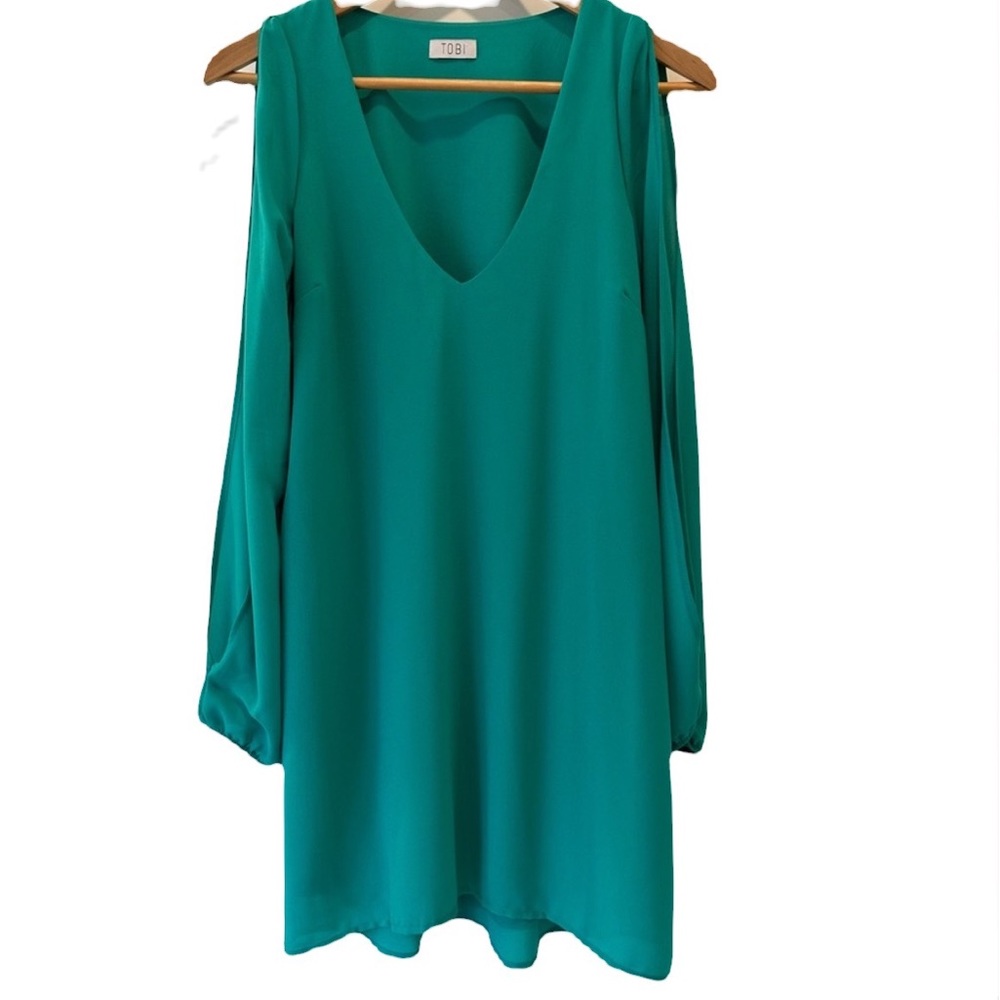 Tobi Summer Breeze Teal Green Shift V Neck Long Sleeve Dress Size S